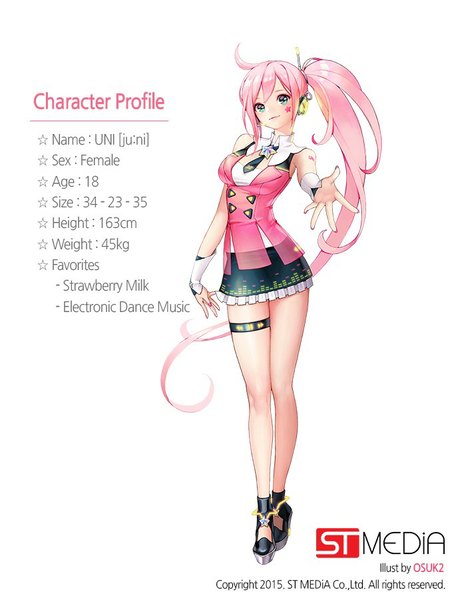 Anime picture 679x900 with vocaloid uni (vocaloid) soo kyung oh single tall image looking at viewer blue eyes simple background smile white background bare shoulders signed pink hair ahoge very long hair official art legs character names text facial mark