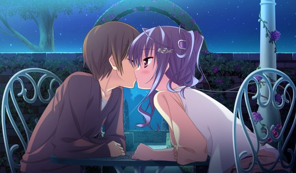 Anime picture 1024x600 with princess evangile kitamikado ayaka short hair black hair wide image game cg pink eyes couple kiss girl boy