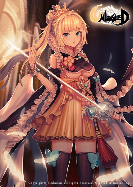 Anime picture 600x840 with unleashed r.alnilam single long hair tall image looking at viewer blush fringe breasts blue eyes light erotic blonde hair girl thighhighs dress weapon black thighhighs crown epee