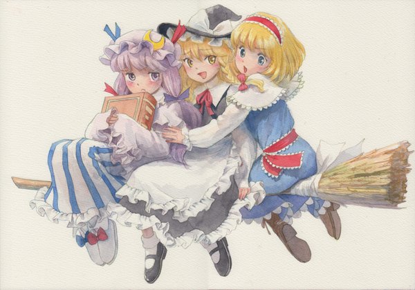 Anime picture 1478x1034 with touhou kirisame marisa patchouli knowledge alice margatroid misawa hiroshi long hair blush short hair open mouth blue eyes blonde hair simple background white background purple eyes multiple girls yellow eyes looking away purple hair flying traditional media