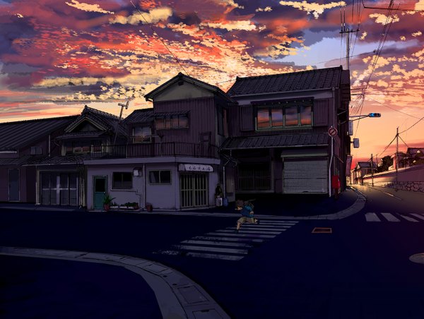 Anime picture 1338x1009 with original kuronokuro single short hair sky cloud (clouds) inscription evening sunset running street crosswalk boy window house road traffic lights