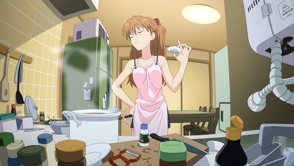 Anime picture 3350x1900 with neon genesis evangelion rebuild of evangelion gainax soryu asuka langley shikinami asuka langley toshi5765 single long hair highres brown hair wide image absurdres eyes closed hand on hip steam cooking girl apron table knife