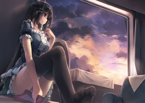 Anime picture 1200x849 with china railway girl huanxiang huifeng single short hair black hair looking away sky cloud (clouds) black eyes no shoes personification train interior girl thighhighs dress black thighhighs frills window book (books) table