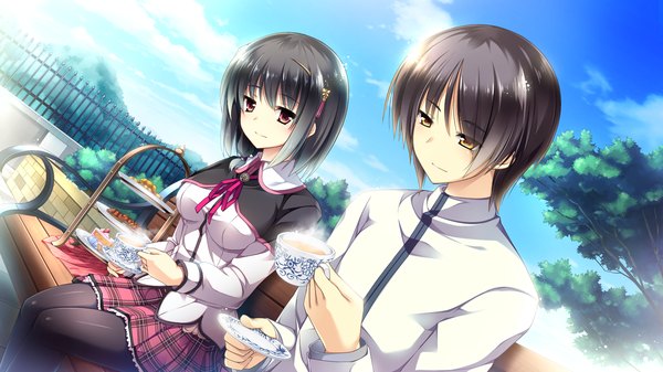 Anime picture 1920x1080 with ojousama wa gokigen naname highres short hair black hair red eyes wide image sitting yellow eyes game cg couple girl boy uniform school uniform bench