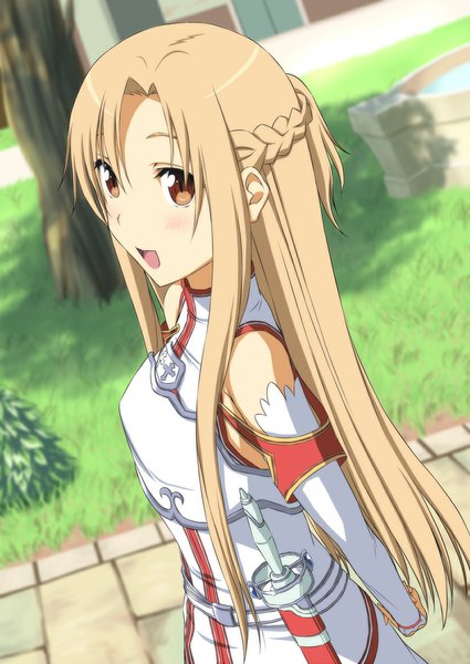 Anime picture 826x1167 with sword art online a-1 pictures yuuki asuna nori tamago single long hair tall image looking at viewer blush open mouth blonde hair brown eyes girl dress weapon plant (plants) detached sleeves sword tree (trees)