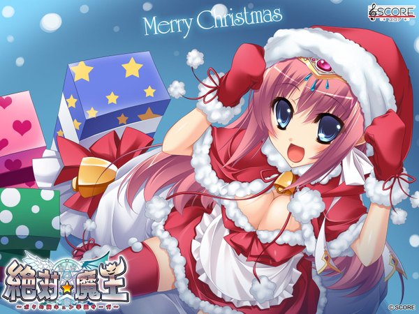Anime picture 1600x1200 with zettai maou estreia vit light erotic pink hair cleavage christmas thighhighs hat score