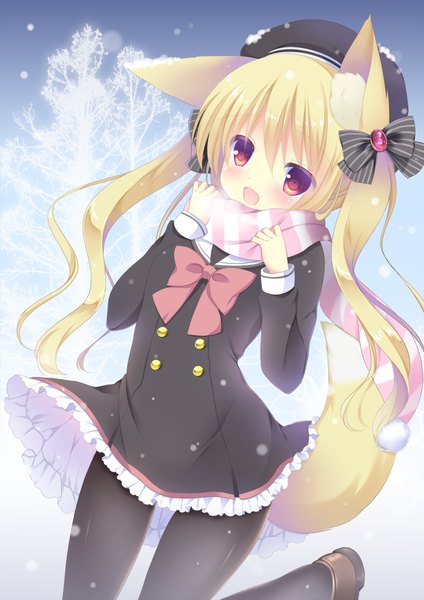 Anime picture 700x990 with original shibainu niki single long hair tall image looking at viewer blush open mouth blonde hair red eyes twintails animal ears fox ears girl dress pantyhose beret