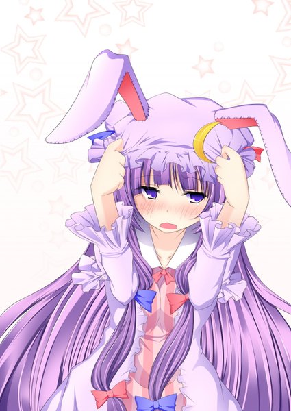 Anime picture 1024x1446 with touhou patchouli knowledge inu3 long hair tall image blush blue eyes simple background white background animal ears purple hair bunny ears girl hat