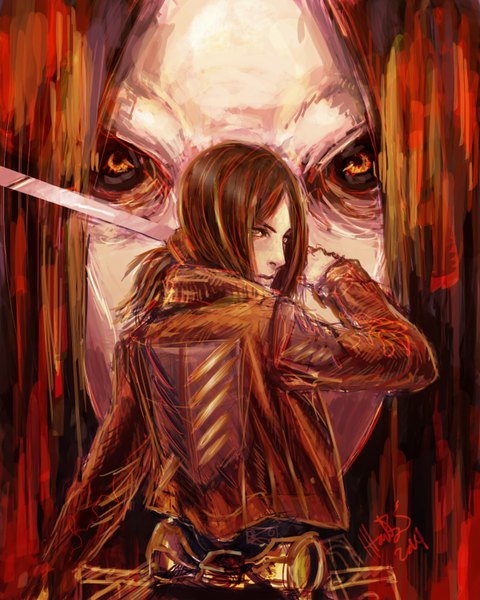 Anime picture 1200x1500 with shingeki no kyojin production i.g ymir (shingeki no kyojin) titan (shingeki no kyojin) lllannah long hair tall image looking at viewer brown hair brown eyes signed looking back from behind close-up face dual persona girl uniform weapon sword