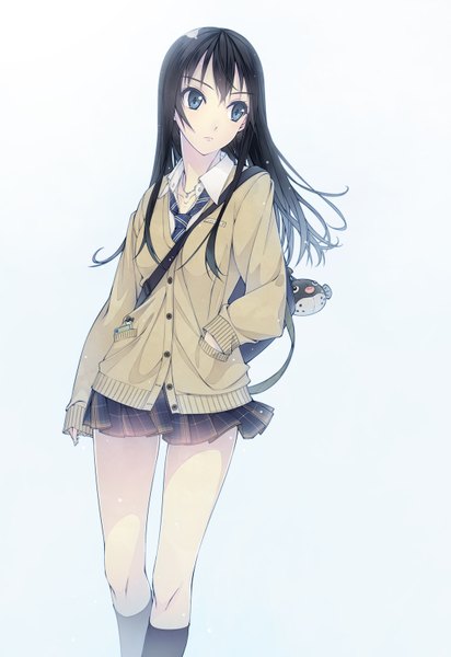 Anime picture 1100x1600 with original murakami suigun single long hair tall image blue eyes black hair white background looking away girl skirt miniskirt sweater trinket