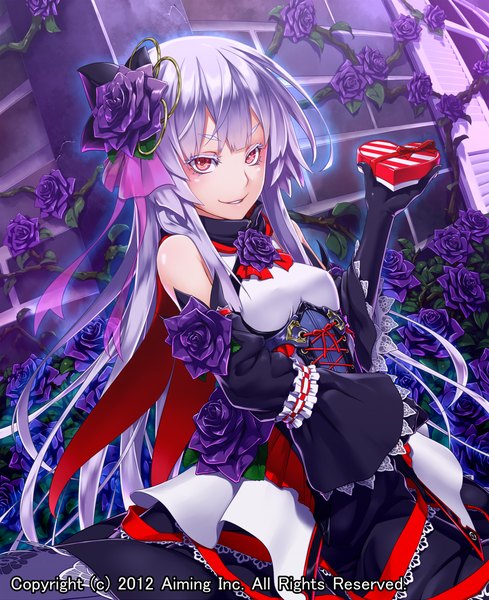 Anime picture 1020x1250 with original kentairui single long hair tall image looking at viewer smile red eyes bare shoulders white hair girl dress gloves hair ornament flower (flowers) detached sleeves black gloves gift
