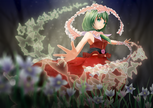 Anime picture 2480x1753 with touhou kagiyama hina masatome (artist) single highres bare shoulders green eyes green hair girl dress flower (flowers) bow hair bow insect butterfly