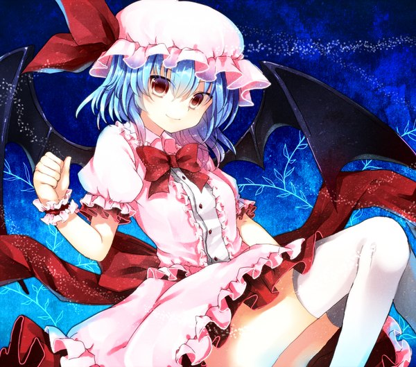 Anime picture 1700x1500 with touhou remilia scarlet tsukiriran highres short hair smile red eyes blue hair bat wings girl thighhighs dress bow hat white thighhighs wings