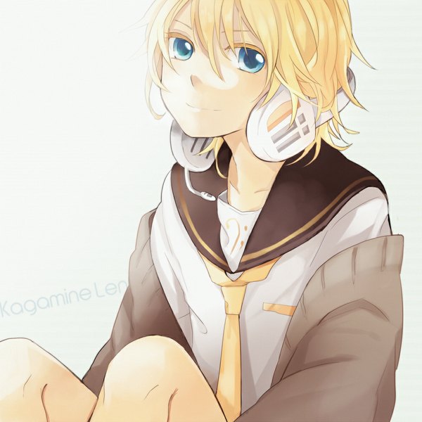 Anime picture 1000x1000 with vocaloid kagamine len tama (songe) single looking at viewer short hair blue eyes simple background blonde hair smile white background sitting boy headphones sweater