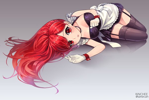 Anime picture 1000x674 with original kinchee single long hair looking at viewer blush fringe breasts red eyes signed cleavage red hair lying parted lips gradient background on side reflection girl thighhighs dress