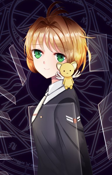 Anime picture 1630x2550 with card captor sakura clamp kinomoto sakura kero (cardcaptor sakura) kaerou single tall image looking at viewer short hair smile brown hair green eyes ahoge upper body girl uniform school uniform