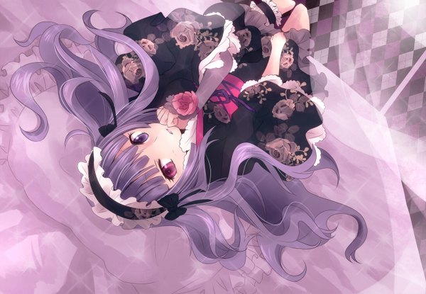 Anime picture 1300x900 with oluha single long hair purple hair lying japanese clothes heterochromia girl belt headdress kimono rose (roses)