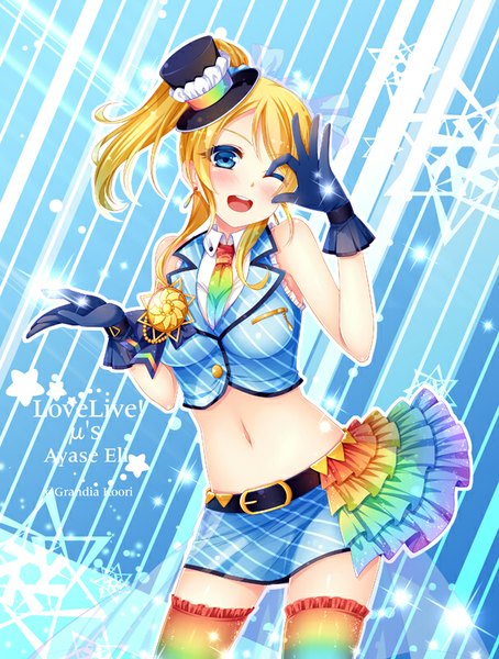 Anime picture 606x800 with love live! school idol project sunrise (studio) love live! ayase eli grandia bing single long hair tall image blush open mouth blue eyes blonde hair bare shoulders ponytail one eye closed wink copyright name side ponytail girl thighhighs