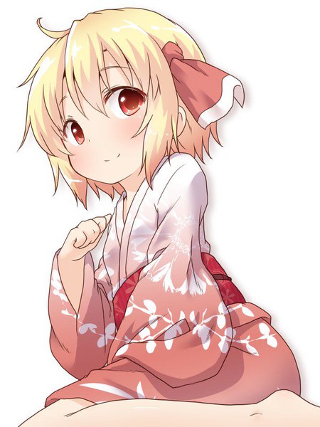 Anime picture 600x800 with touhou rumia natsu no koucha single tall image blush fringe short hair simple background blonde hair hair between eyes red eyes white background sitting traditional clothes japanese clothes alternate costume floral print girl ribbon (ribbons)