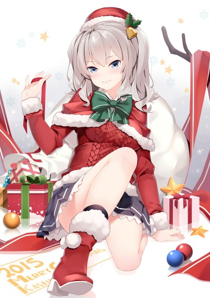 Anime picture 848x1200 with kantai collection kashima training cruiser ello-chan single long hair tall image looking at viewer fringe blue eyes smile hair between eyes silver hair bent knee (knees) fur trim christmas soles girl skirt hat miniskirt