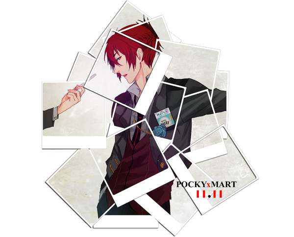 Anime picture 1000x808 with original kinjiru006 (artist) single looking at viewer short hair red eyes holding red hair braid (braids) profile transparent background hand in pocket boy uniform shirt necktie rose (roses) blue rose photo (object)
