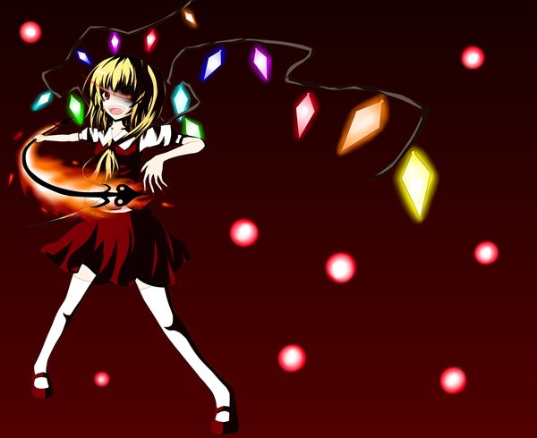Anime picture 1500x1227 with touhou flandre scarlet gmot short hair open mouth blonde hair red eyes glowing glowing eye (eyes) girl thighhighs dress weapon white thighhighs wings crystal fireflies laevatein (touhou)