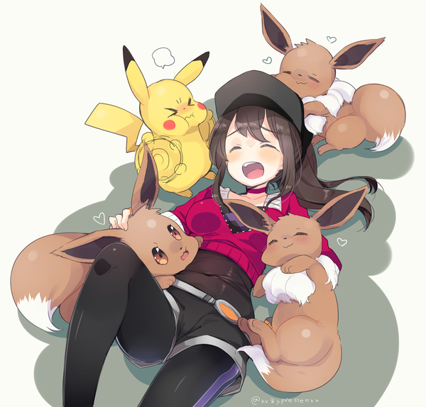 Anime picture 1103x1056 with pokemon pokemon (game) pokemon go nintendo pikachu eevee female protagonist (pokemon go) kanro ame (ameko) long hair blush fringe open mouth simple background brown hair white background ponytail lying eyes closed :d shadow