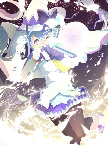 Anime picture 1000x1345 with vocaloid suki! yuki! maji magic (vocaloid) hatsune miku yuki miku yuki miku (2014) hassan (sink916) single long hair tall image breasts twintails looking away bent knee (knees) one eye closed aqua eyes wink aqua hair snowing glow girl