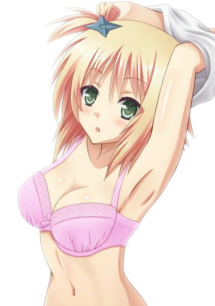 Anime picture 720x1024 with kore wa zombie desu ka? studio deen yoshida yuki kanden sky single tall image looking at viewer blush fringe short hair breasts open mouth light erotic simple background blonde hair white background bare shoulders green eyes bare belly armpit (armpits)