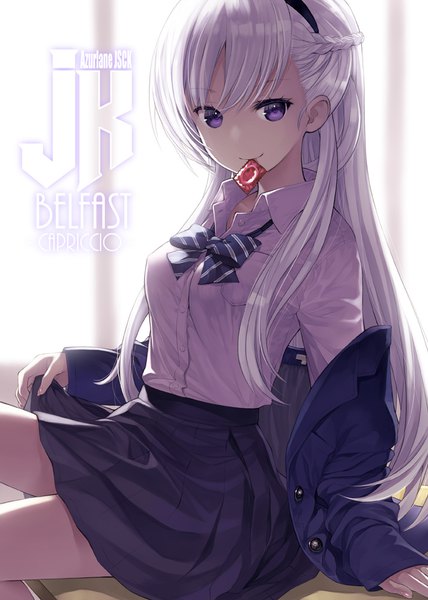 Anime picture 713x1000 with azur lane belfast (azur lane) capriccio single long hair tall image looking at viewer fringe light erotic sitting purple eyes holding silver hair braid (braids) pleated skirt off shoulder arm support copyright name character names mouth hold