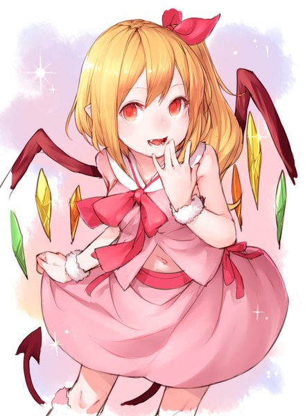 Anime picture 1099x1500 with touhou flandre scarlet junwool single long hair tall image looking at viewer blush fringe open mouth blonde hair hair between eyes red eyes tail teeth fang (fangs) one side up demon tail hand to mouth girl