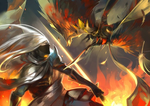 Anime picture 1500x1060 with original pixiv fantasia pixiv fantasia v coralstone long hair red eyes white hair battle sword armor feather (feathers) fire monster