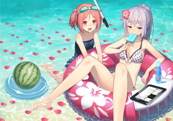 Anime picture 1000x704 with original ac (eshi) long hair short hair red eyes multiple girls white hair red hair hair flower loli afloat girl hair ornament 2 girls swimsuit bikini petals food sweets one-piece swimsuit