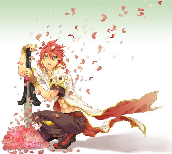 Anime picture 1072x965 with tales of (series) tales of the abyss luke fon fabre miho (mi) long hair open mouth simple background white background green eyes orange hair muscle boy gloves navel flower (flowers) weapon petals sword