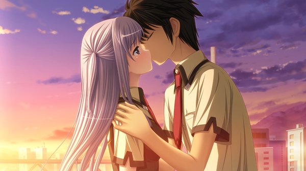 Anime picture 1280x720 with hatsukoi sacrament yazaki hoshimi hiiragi yuuhi long hair short hair black hair wide image purple eyes game cg purple hair couple evening sunset kiss girl boy serafuku