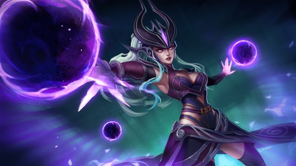 Anime picture 2667x1500 with league of legends syndra kaka cheung single long hair highres breasts wide image standing nail polish pink eyes fingernails green hair lips armpit (armpits) lipstick outstretched arm magic red lipstick girl