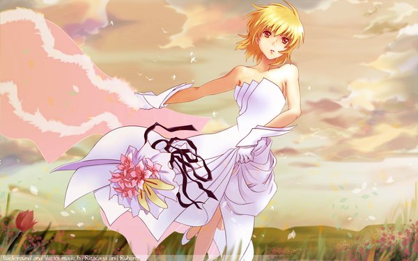Anime picture 1920x1200 with mobile suit gundam gundam seed destiny sunrise (studio) cagalli yula athha highres short hair blonde hair wide image yellow eyes sky landscape girl dress gloves petals bouquet wedding dress