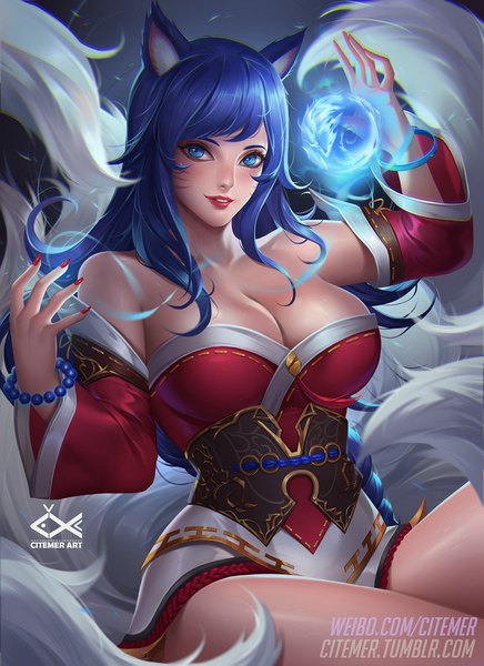 Anime picture 745x1024 with league of legends ahri (league of legends) gu-ko citemer single long hair tall image looking at viewer blush breasts blue eyes light erotic smile large breasts bare shoulders signed animal ears blue hair tail nail polish parted lips