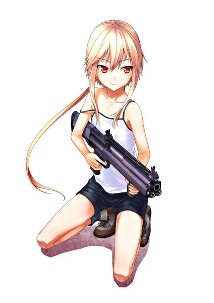 Anime picture 1074x1518 with original gou (double trigger) single long hair tall image blush short hair blonde hair simple background red eyes white background sitting bare shoulders looking away kneeling girl weapon socks shorts gun