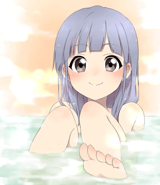 Anime picture 1300x1500 with kantai collection ooshio destroyer sekina single long hair tall image looking at viewer blush fringe light erotic smile purple hair nude black eyes steam girl toes bath