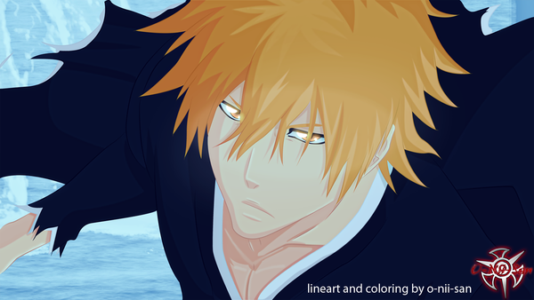 Anime picture 1366x771 with bleach studio pierrot kurosaki ichigo o-nii-san single short hair blonde hair wide image japanese clothes orange eyes coloring portrait face boy kimono