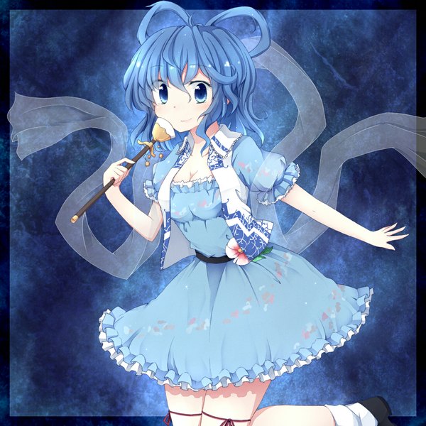 Anime picture 1100x1100 with touhou kaku seiga fuuen (akagaminanoka) single fringe short hair blue eyes smile hair between eyes blue hair puffy sleeves border frilled dress girl dress frills vest