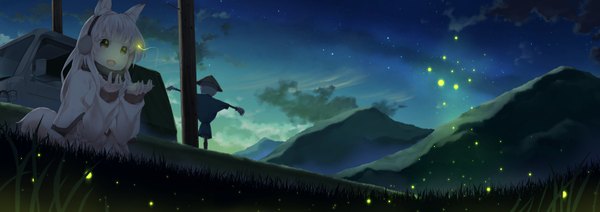 Anime picture 1600x566 with original gedou (shigure seishin) single long hair open mouth smile wide image animal ears yellow eyes sky cloud (clouds) white hair evening mountain scenic girl plant (plants) scarf insect star (stars)