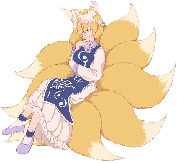 Anime picture 1732x1593 with touhou yakumo ran mefomefo single looking at viewer fringe highres short hair blonde hair simple background smile hair between eyes white background sitting yellow eyes full body tail long sleeves animal tail fox tail