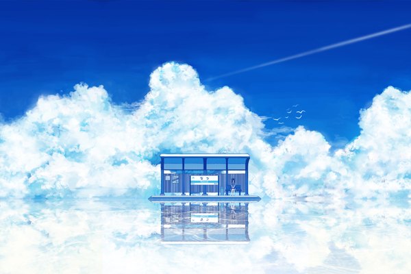 Anime picture 2160x1440 with amemura single highres sitting sky cloud (clouds) reflection scenic summer girl animal water bird (birds) train station