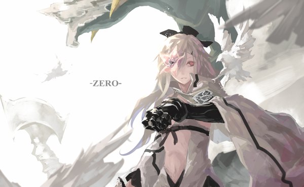 Anime picture 1564x967 with drakengard drag-on dragoon 3 zero (drag-on dragoon) mikhail (drag-on dragoon) konosaki usetsu long hair fringe wide image looking away white hair parted lips pink eyes bare belly character names outstretched arm pale skin fantasy covering eye (eyes) flower over eye girl