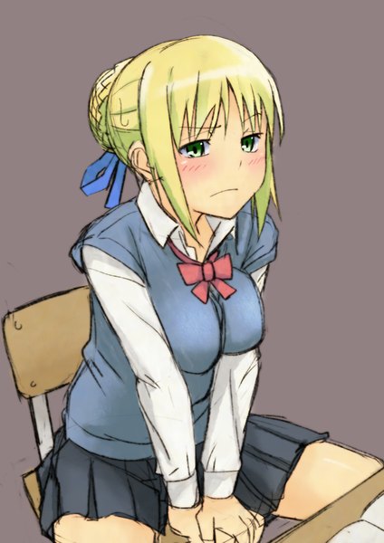 Anime picture 700x990 with fate (series) fate/stay night type-moon artoria pendragon (all) saber kosuke haruhito single tall image blush fringe simple background blonde hair sitting green eyes ahoge arm support hair bun (hair buns) leaning spread legs embarrassed