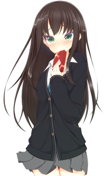 Anime picture 734x1200 with idolmaster idolmaster cinderella girls shibuya rin jougen single long hair tall image looking at viewer blush black hair white background green eyes valentine girl skirt uniform school uniform gift