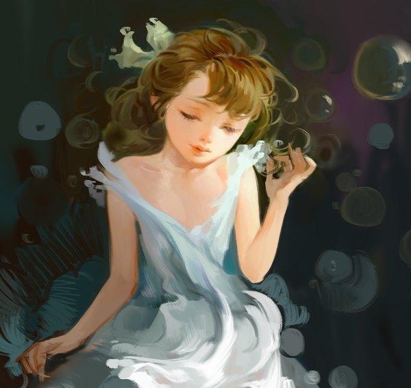 Anime picture 1115x1055 with original yeonoo single long hair fringe brown hair eyes closed girl dress bow hair bow white dress bubble (bubbles)