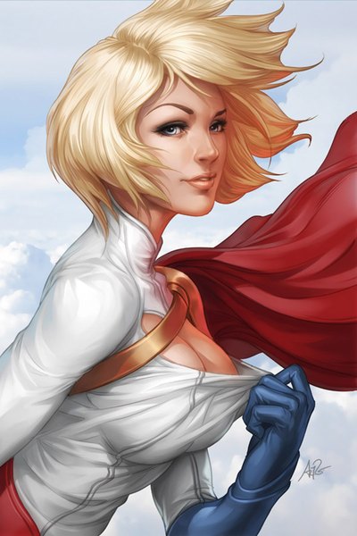 Anime picture 1024x1536 with dc comics power girl artgerm (stanley lau) single tall image short hair breasts blue eyes light erotic blonde hair smile signed sky cleavage cloud (clouds) wind lips realistic superhero girl